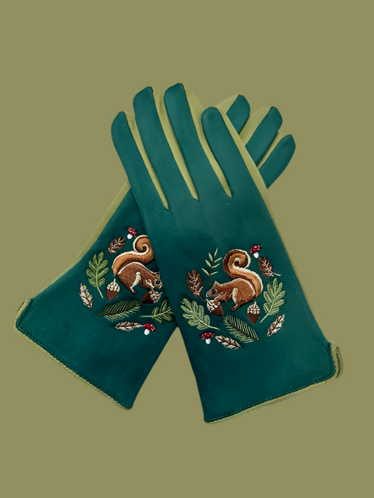 Secret Garden Squirrel Embroidered Touchscreen Gloves