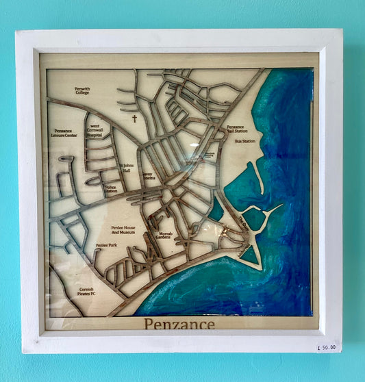 Wooden Penzance Map with Resin Sea, Framed 33.5 x 35.5 cm