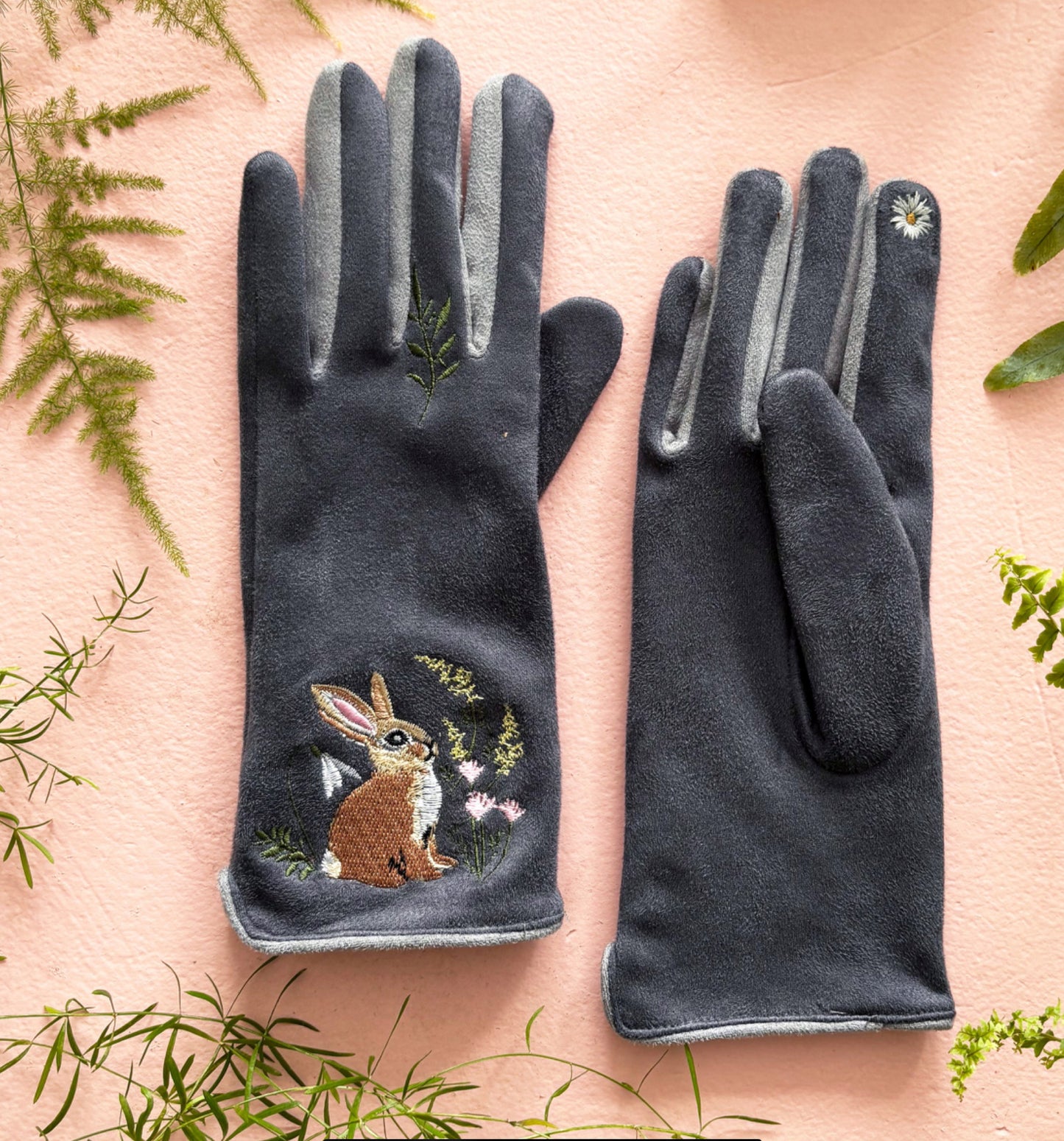 Secret Garden Embroidered Touchscreen Rabbit Gloves