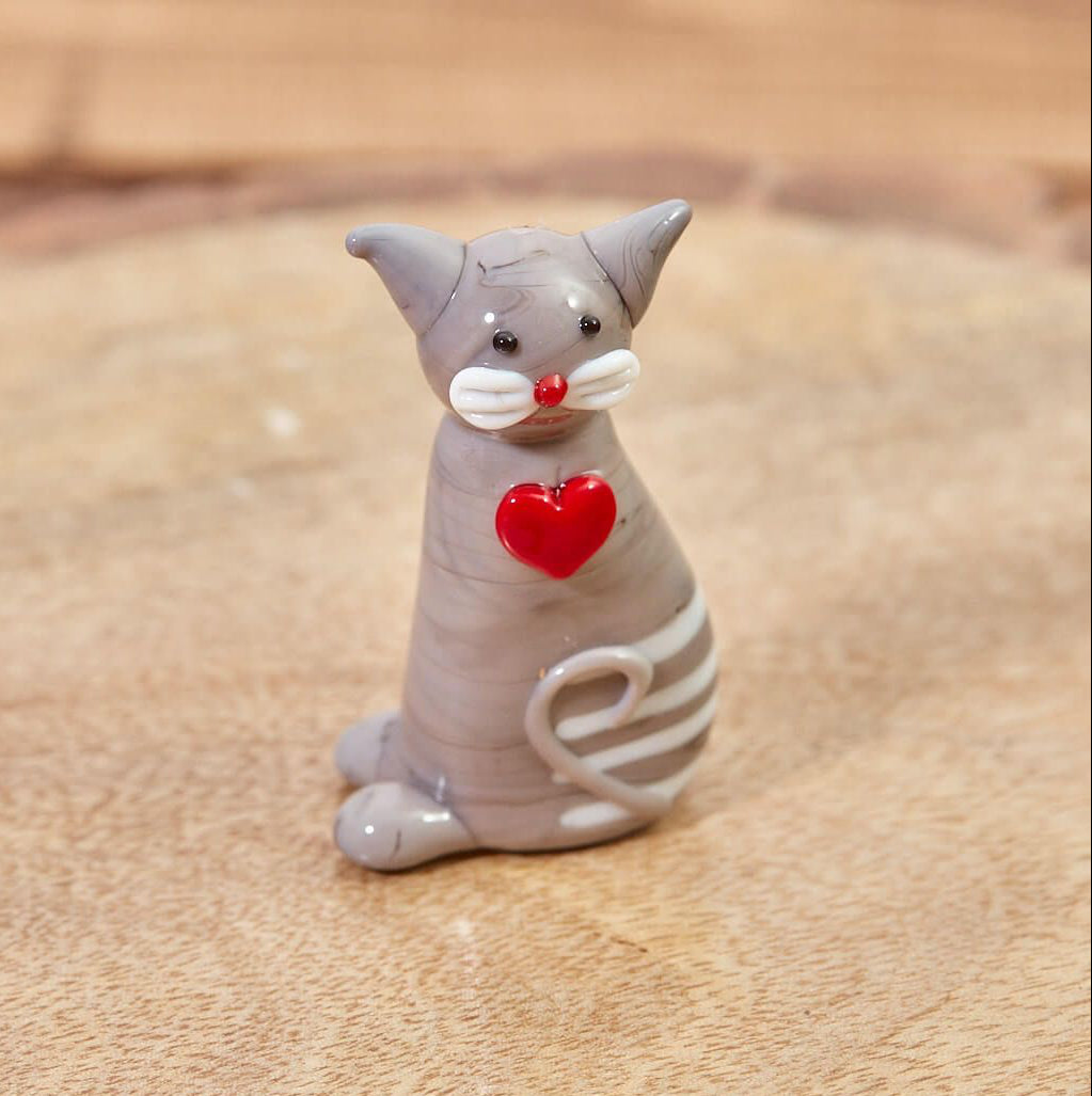 Glass Grey and White Cat with Red Heart