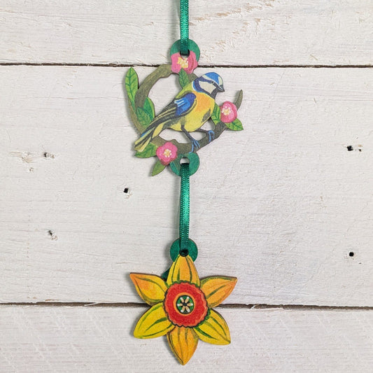 Wooden Daffodil and Blue Tit Hanging Decoration