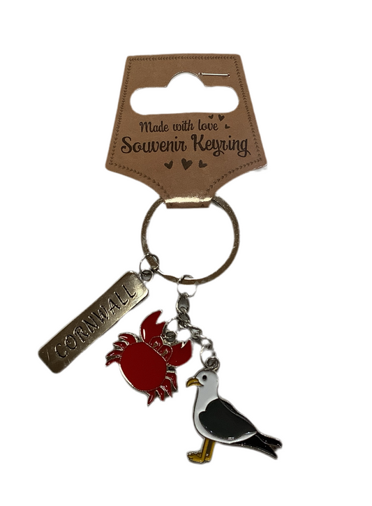 Cornwall, Crab and Seagull Charm Keyring