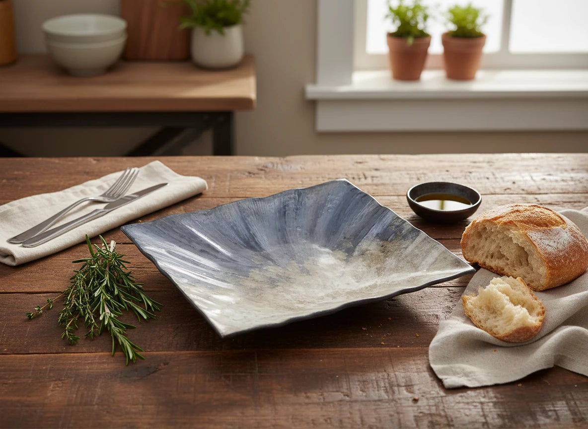 Blue and Silver Glass Square Plate, Large