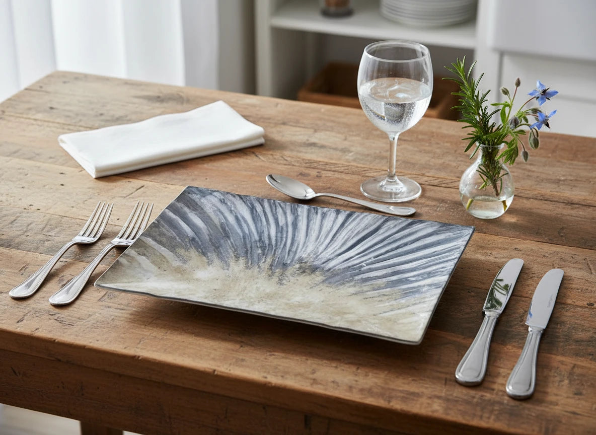 Blue and Silver Glass Rectangle Plate, Large