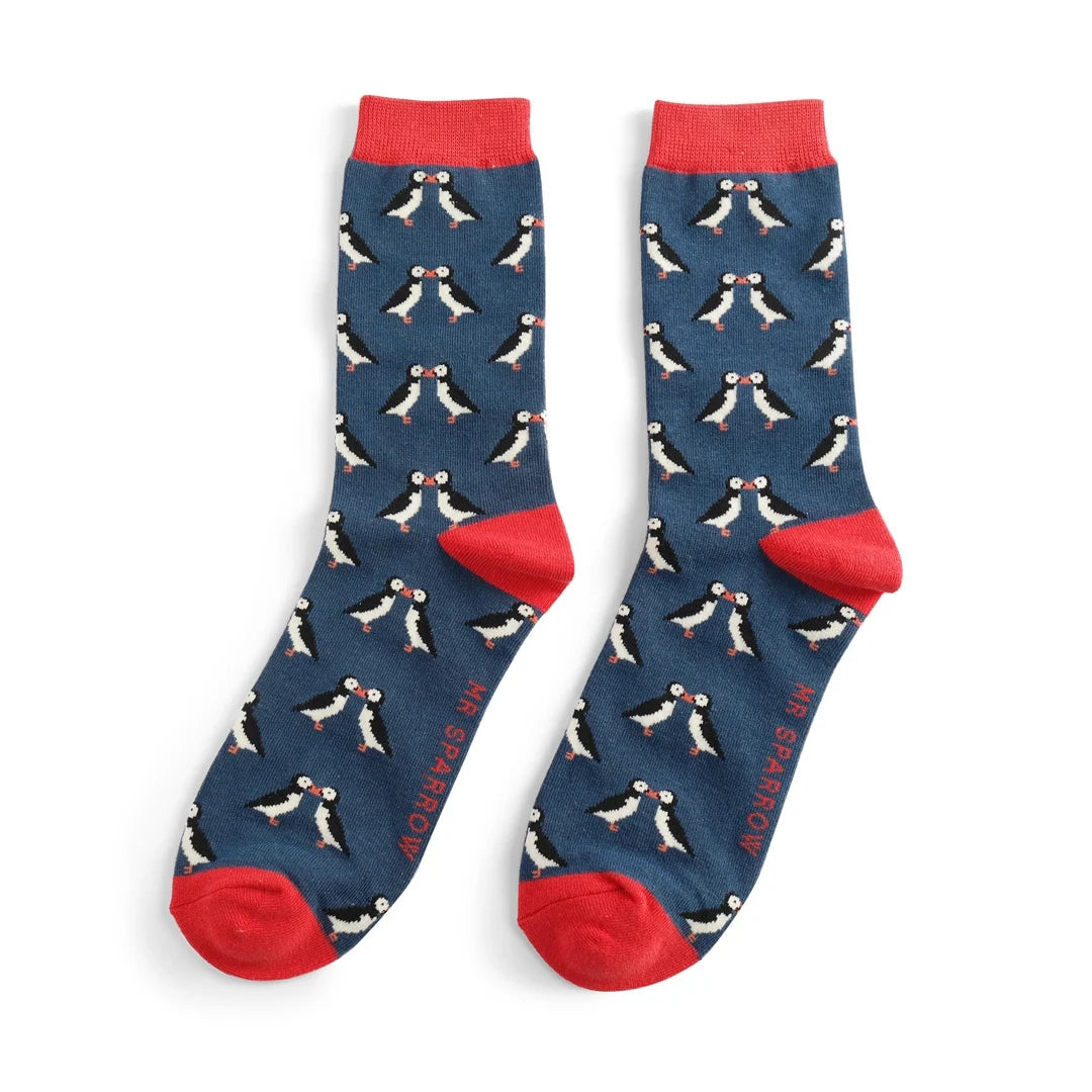 Kissing Puffins Socks, Navy, Size 7-11