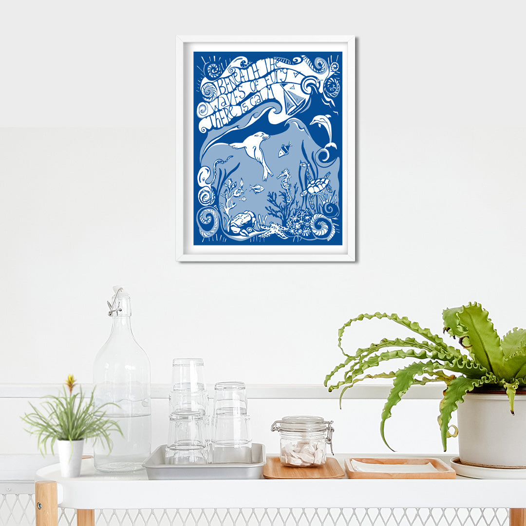 'Beneath the Waves of Fury there is Calm' A3 Framed Art Print