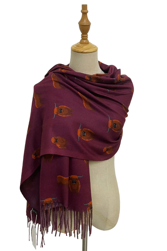 Highland Cow Reversible Cotton Tassel Scarf, Wine