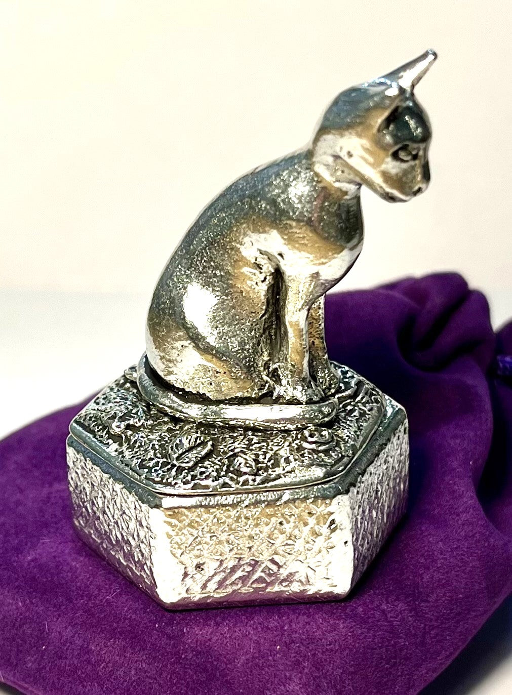 Cornish Pewter Hexagonal Trinket Box - Sitting Cat