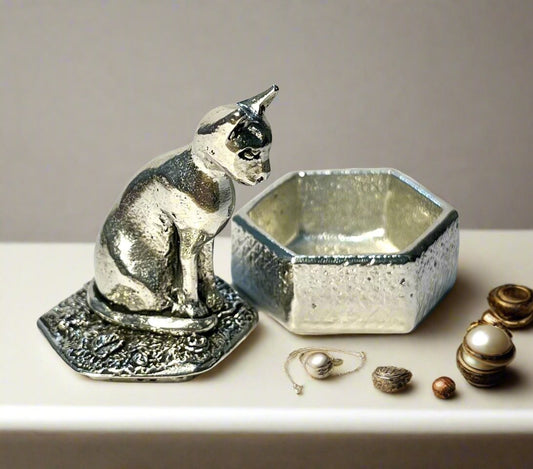 Cornish Pewter Hexagonal Trinket Box - Sitting Cat