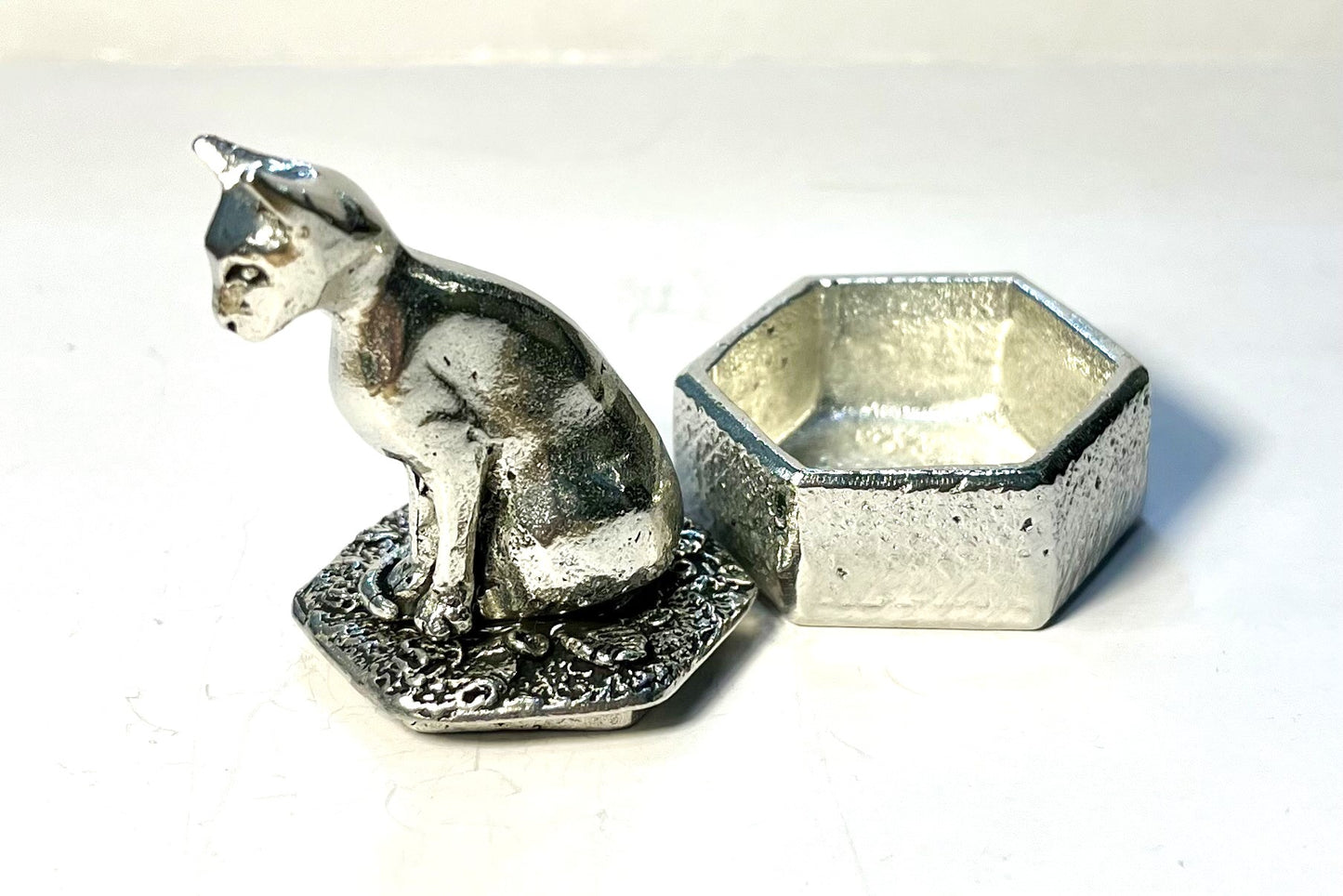 Cornish Pewter Hexagonal Trinket Box - Sitting Cat