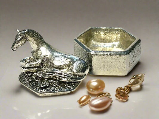 Cornish Pewter Hexagonal Trinket Box - Lying Horse