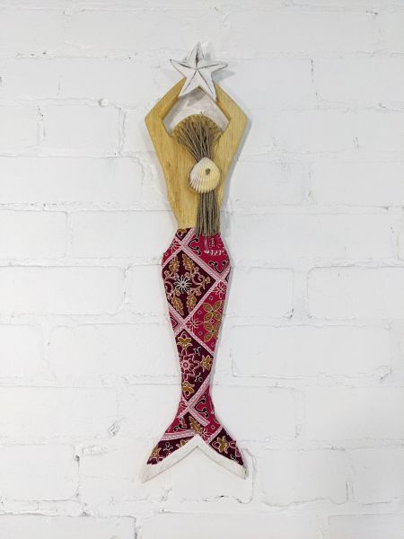Wooden Mermaid with Batik Tail, 60 x 15cm