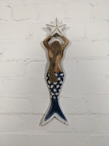 Wooden Mermaid with Shell Tail, 40 x 7cm