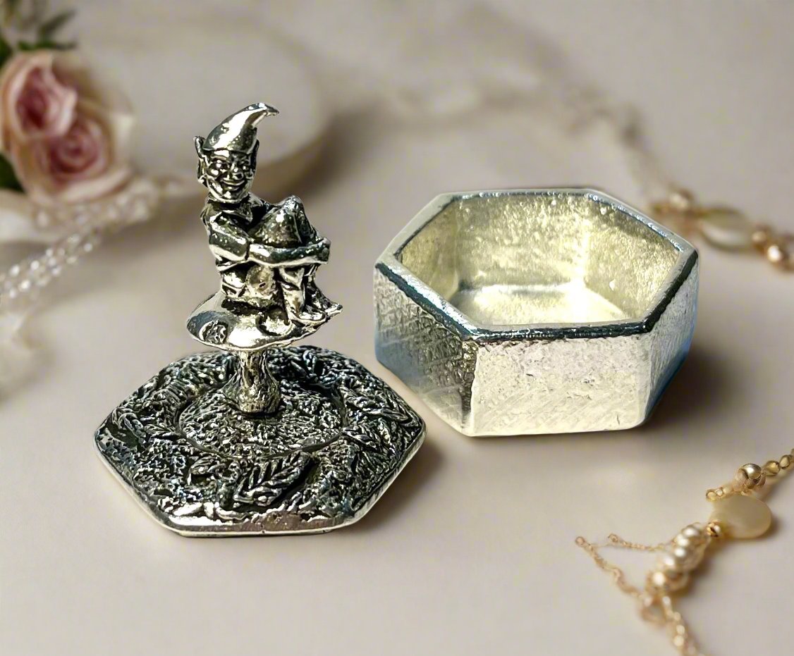 Cornish Pewter Hexagonal Trinket Box - Piskey sitting on Toadstool