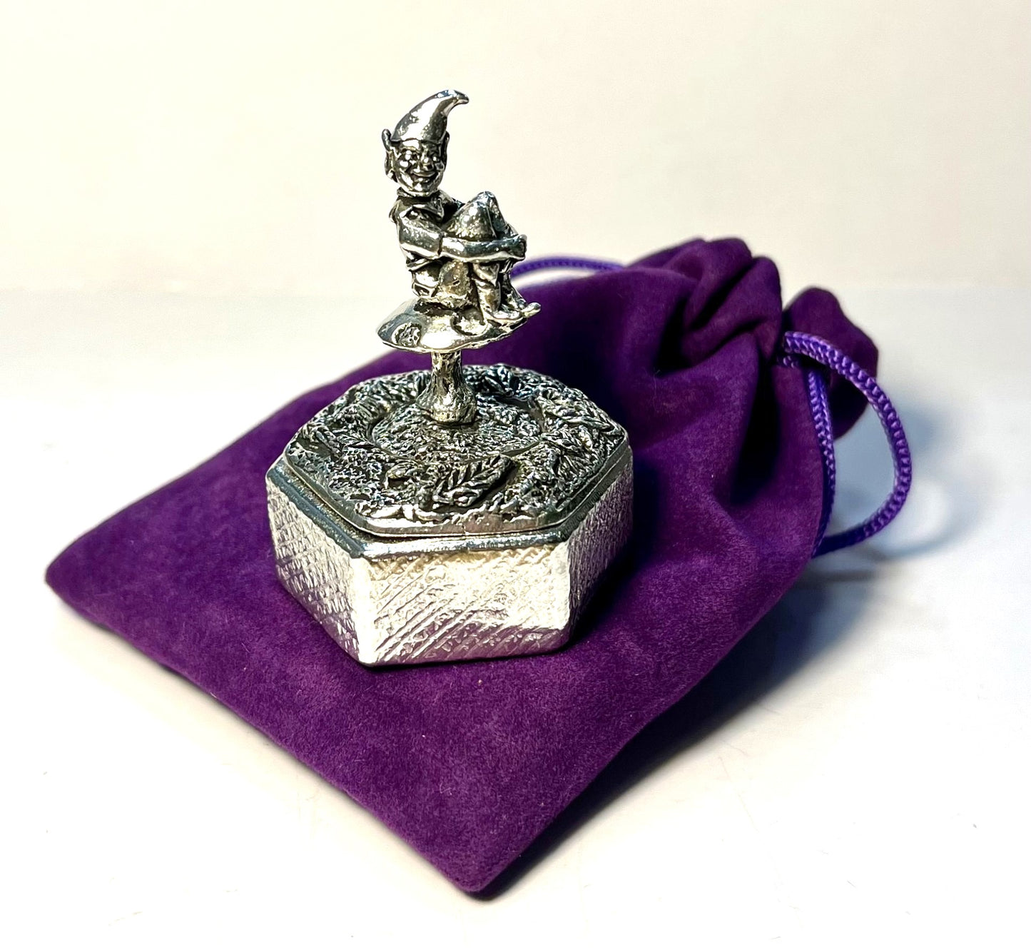 Cornish Pewter Hexagonal Trinket Box - Piskey sitting on Toadstool