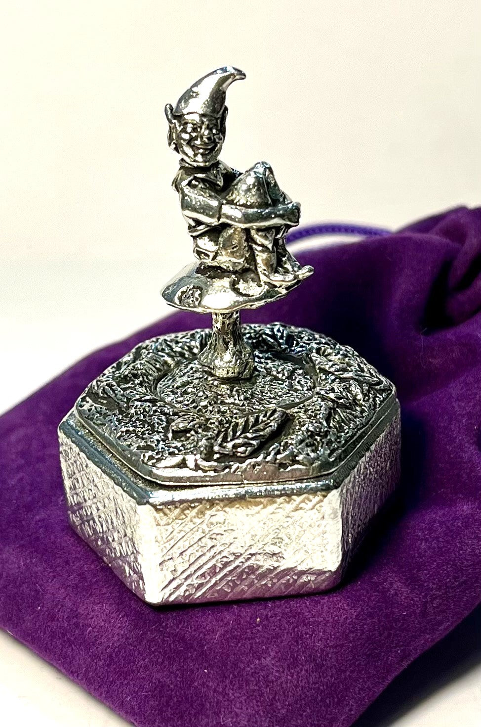 Cornish Pewter Hexagonal Trinket Box - Piskey sitting on Toadstool