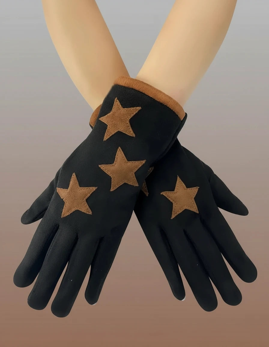 Star Print Suede Touchscreen Gloves, Black