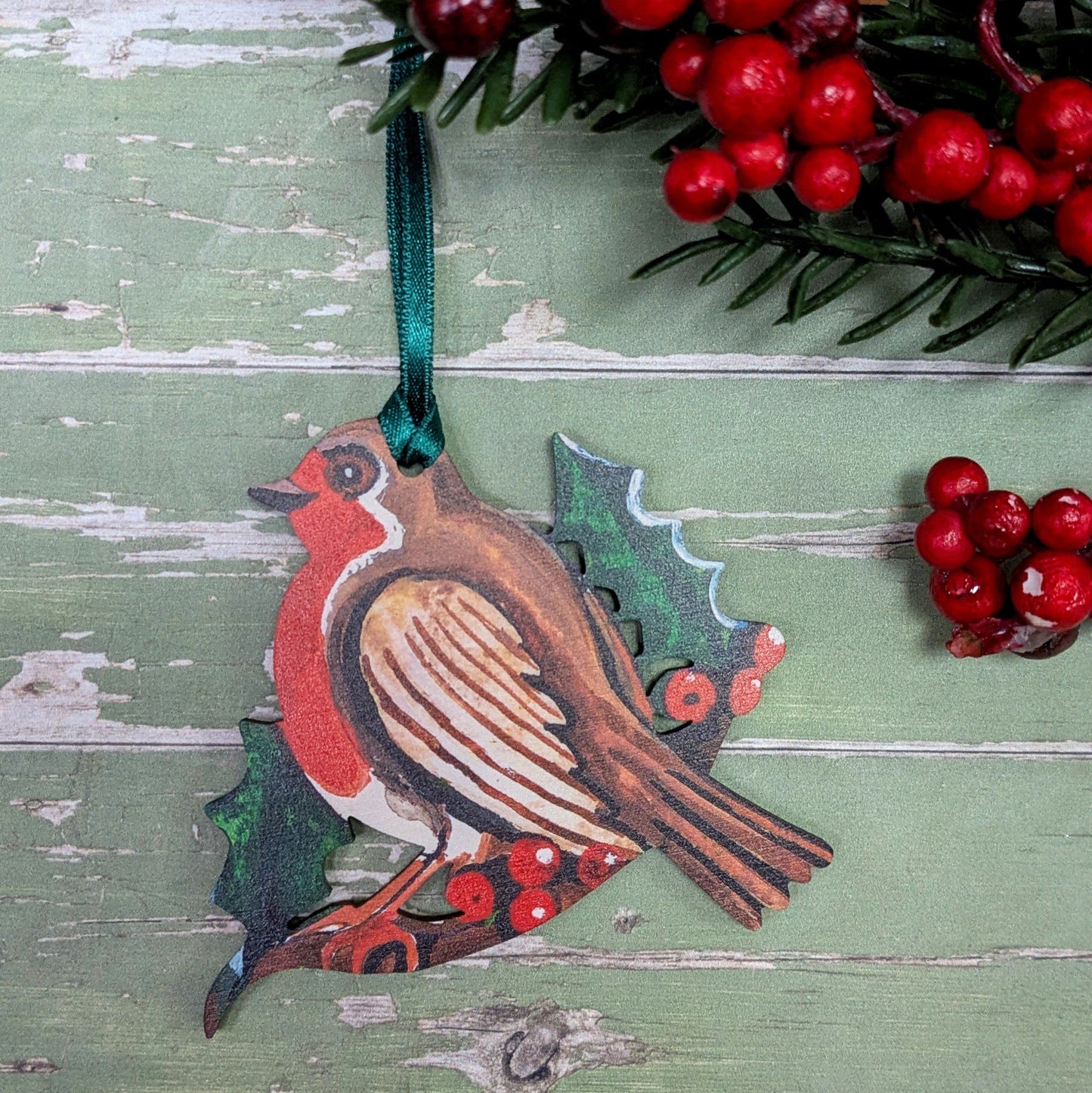 Wooden Hanging Christmas Robin Decoration