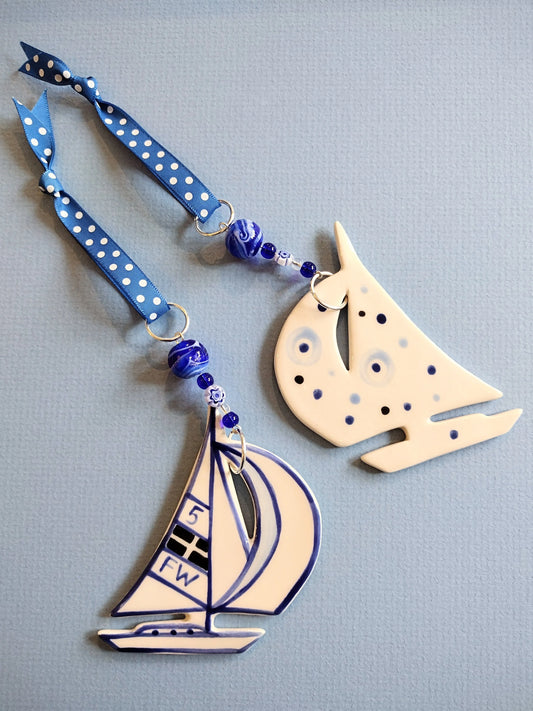 Blue Sailing Boat Ceramic Hanging Decoration