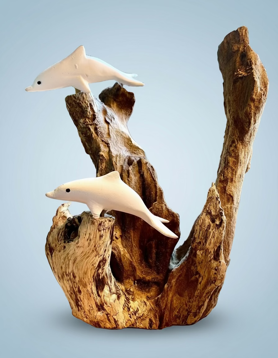 Dolphins on teak wood