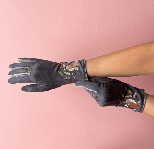 Secret Garden Embroidered Touchscreen Rabbit Gloves