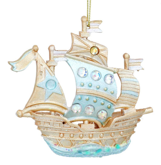 Blue/Gold Resin Pirate Ship Christmas Decoration
