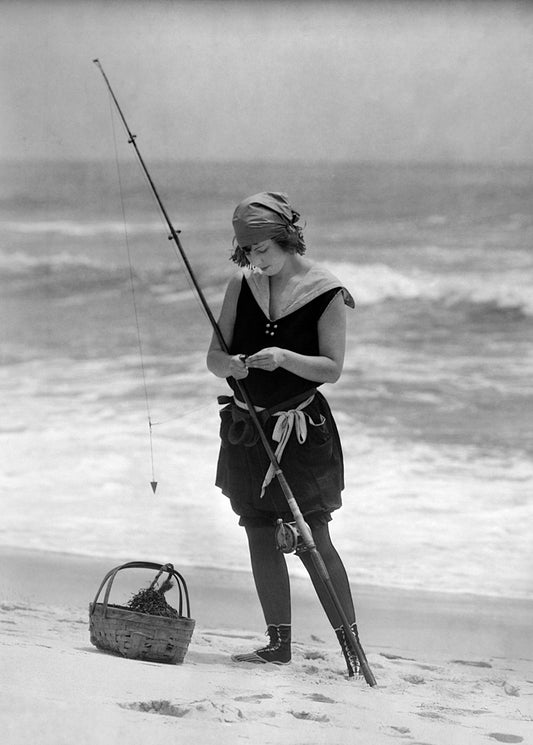 Woman beach fishing black & white Greetings Card