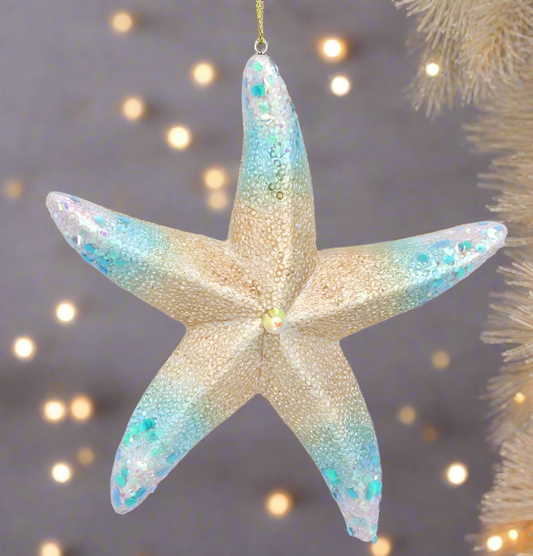 Blue/Gold Resin Starfish Christmas Decoration