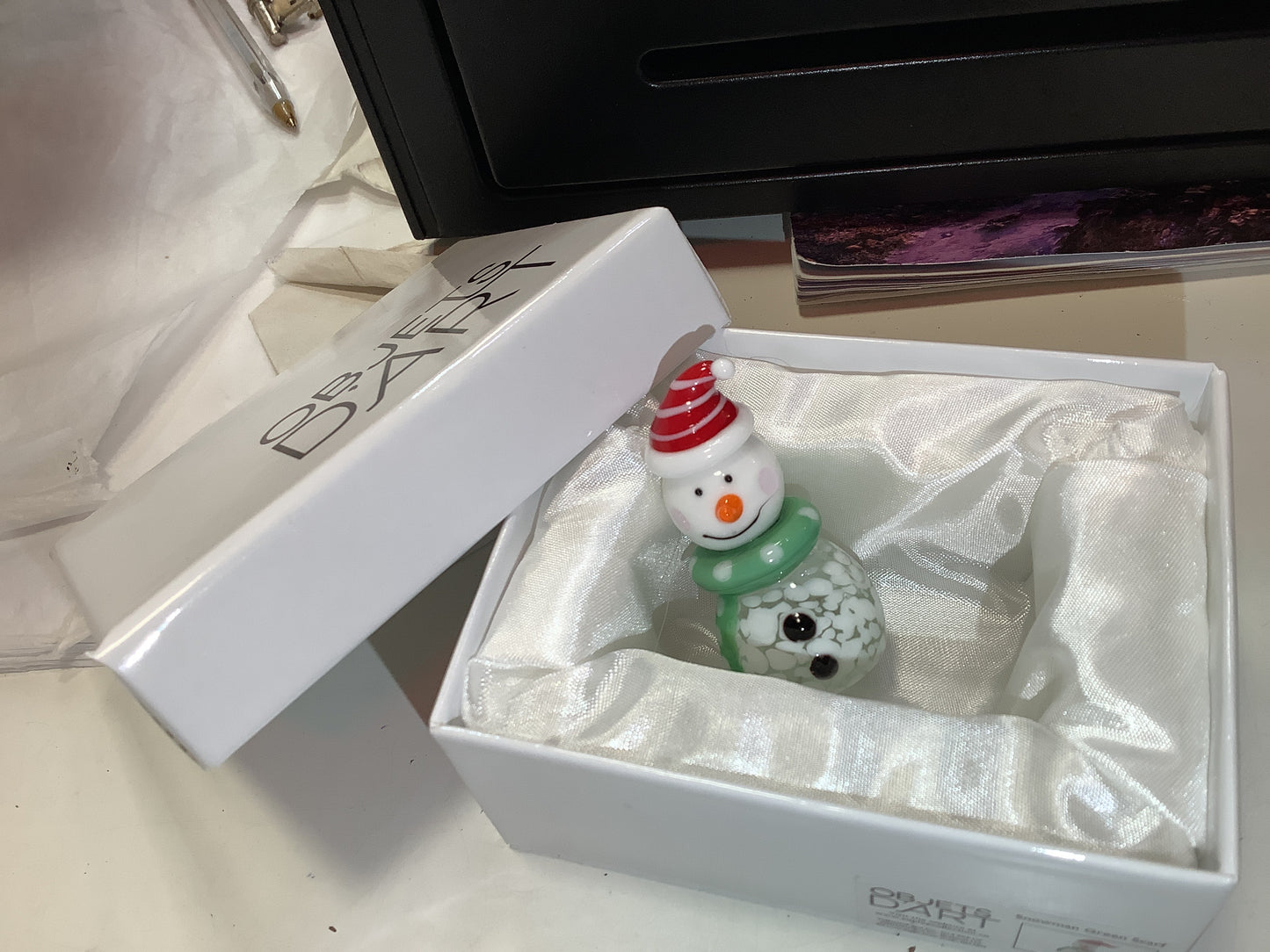 Objets d'Art Glass Christmas Snowman Figurine, Boxed