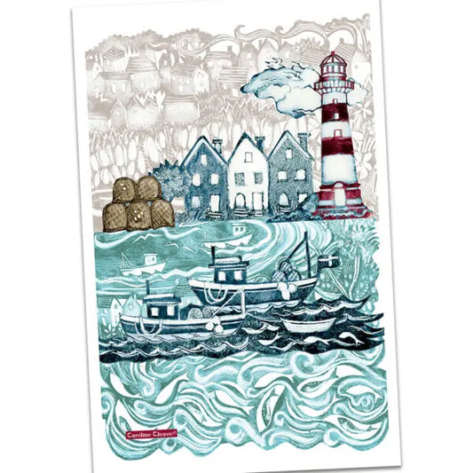 ‘Fishing Village ll’ Cotton Tea Towel, Emma Ball
