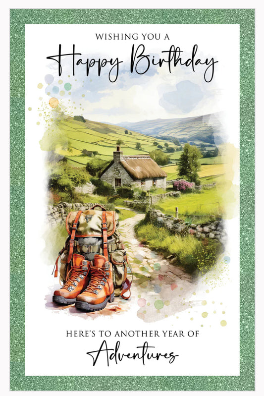 Green Bordered “Happy Birthday” Cottage and Boots Greeting Card