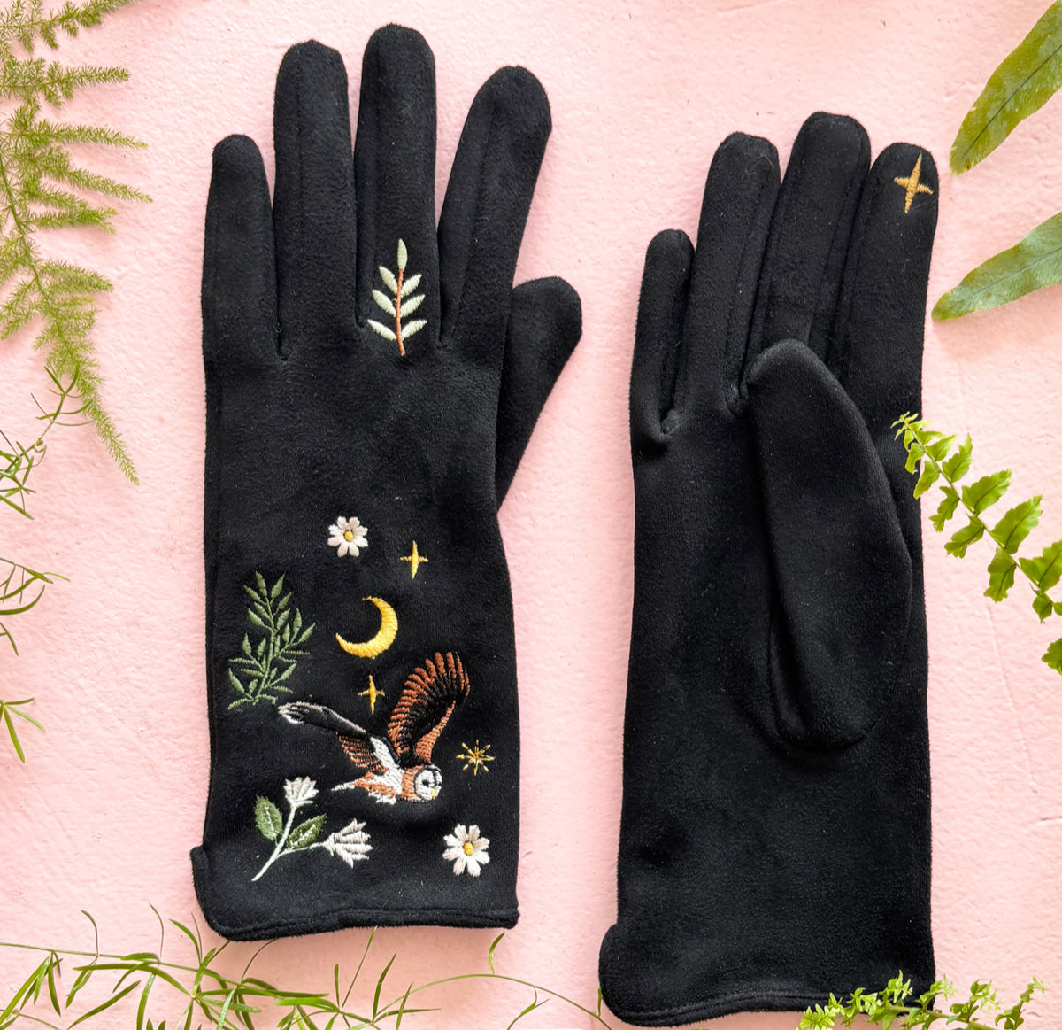 Secret Garden Black Embroidered Owl Touchscreen Gloves