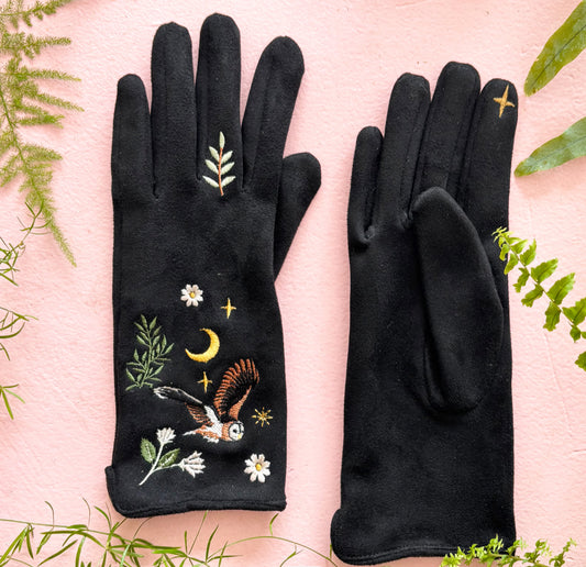 Secret Garden Black Embroidered Owl Touchscreen Gloves