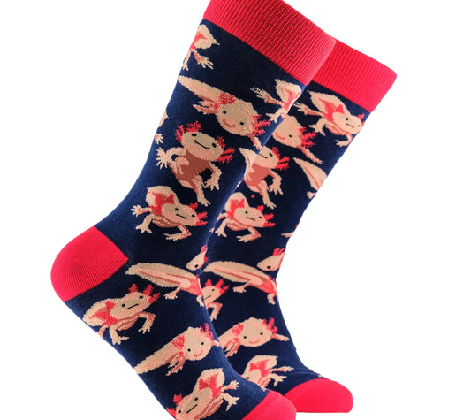 Socks with axolotl pattern on a white background