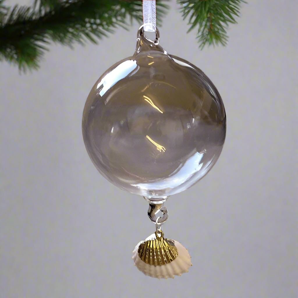 Clear Glass Ball with Hanging Creamy White Cockle Shell on Gilded Hanger