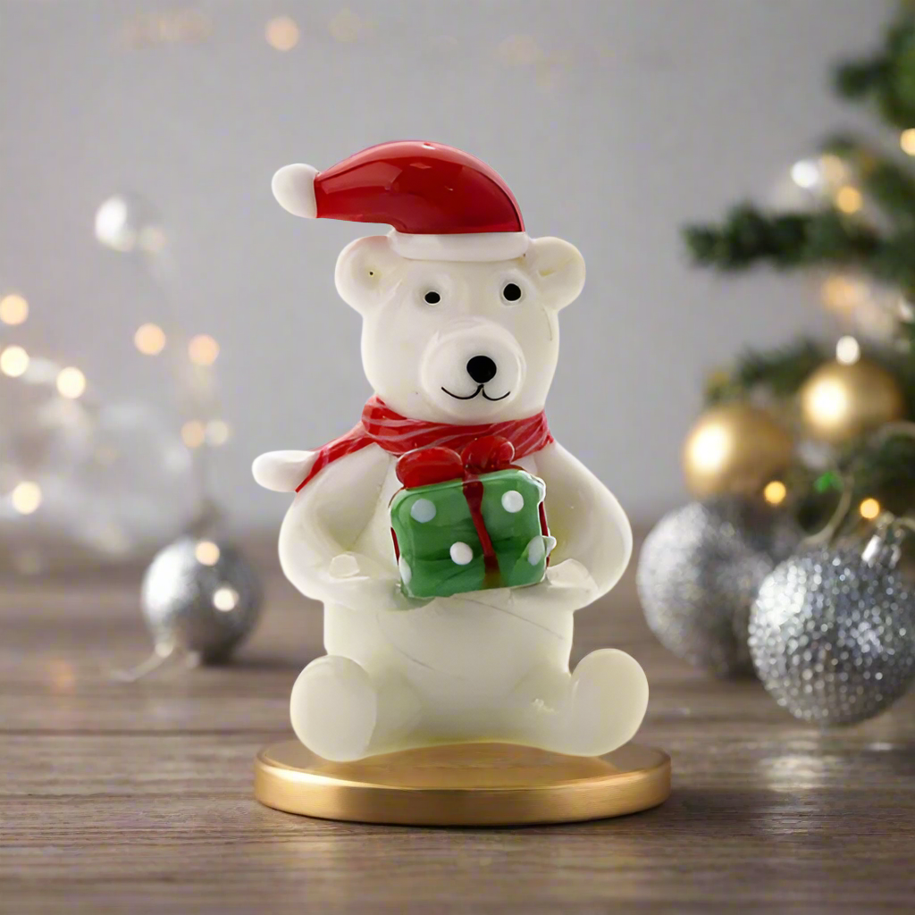 Objets d'Art Glass Christmas Polar Bear Figurine, Boxed