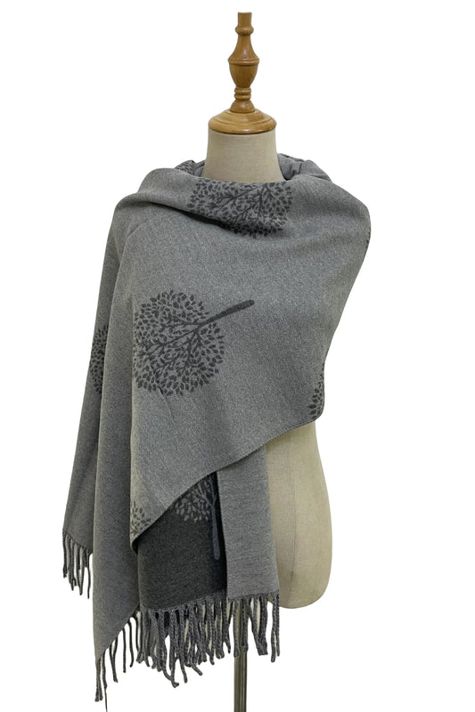 Tree Print Reversible Cotton Tassel Scarf, Grey