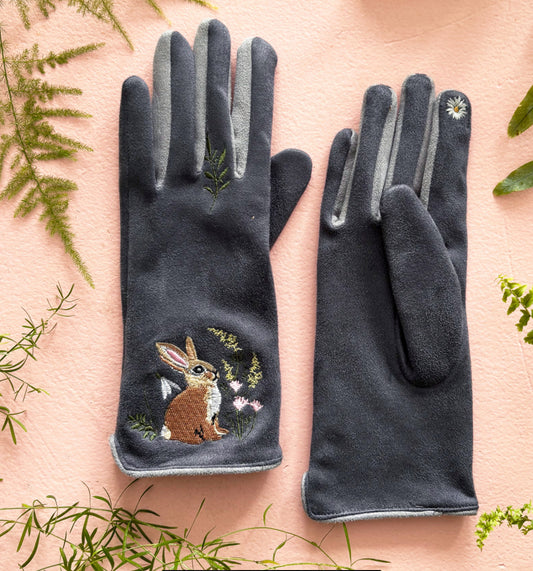 Secret Garden Embroidered Touchscreen Rabbit Gloves