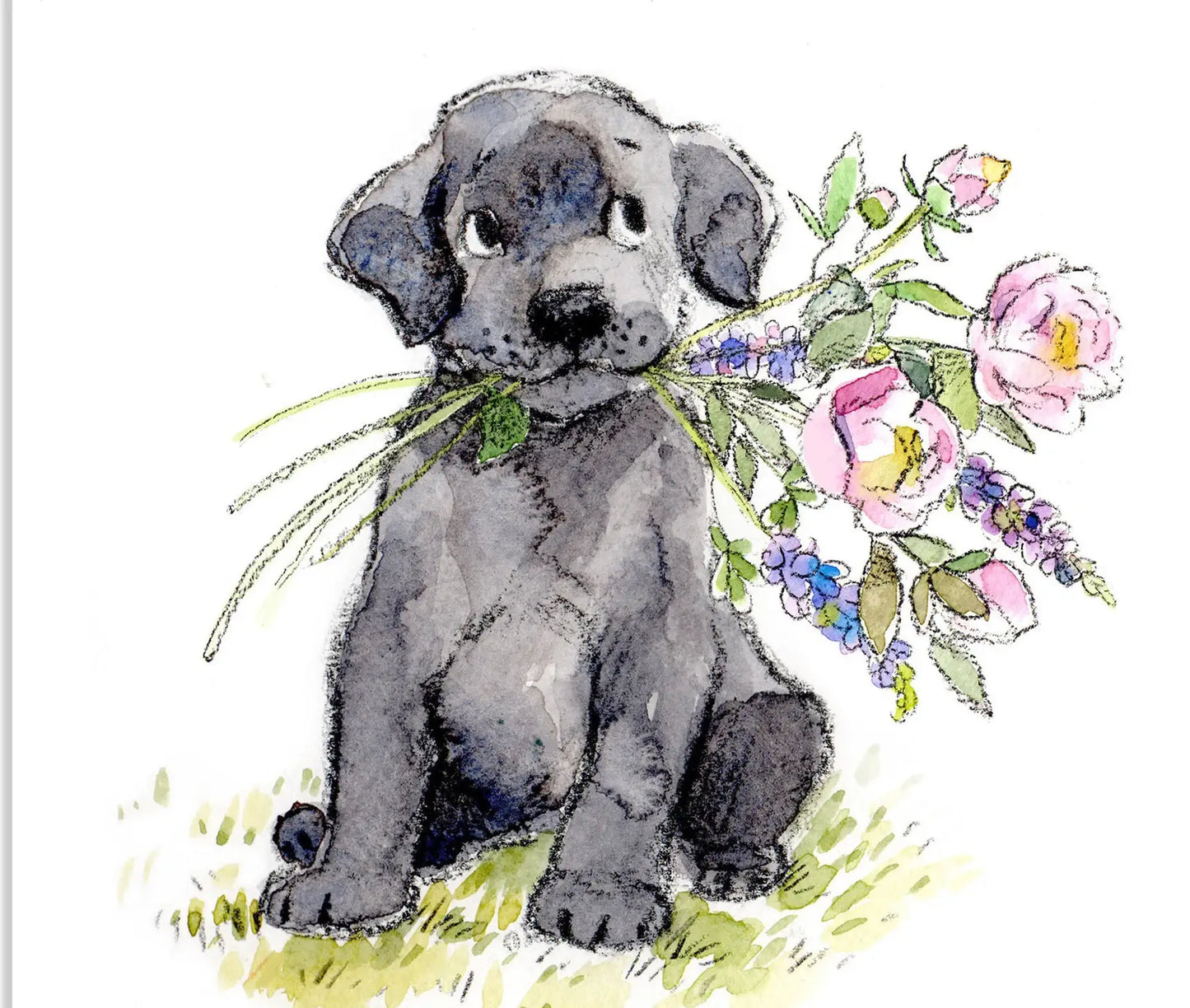 Cute Dog Birthday Card - Black Labrador With Flowers