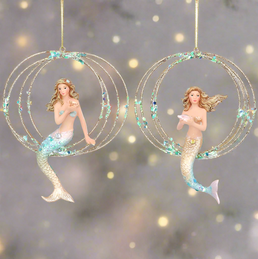 Blue/Gold Resin Mermaid in Wire ring Christmas Decoration