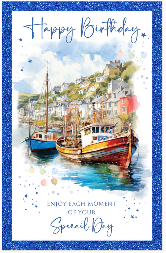 Glitter Blue Bordered “Happy Birthday” Boat Greeting Card