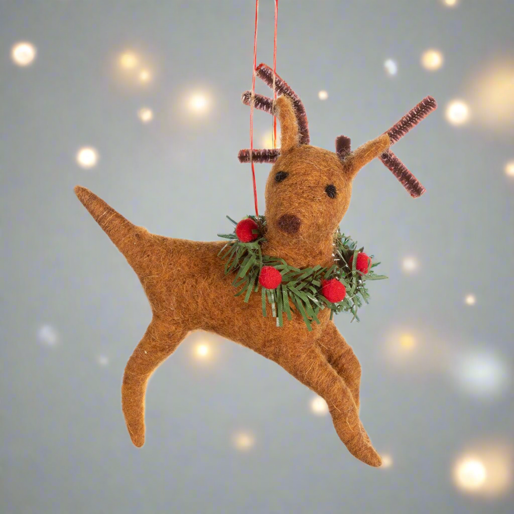 Sass & Belle Reindeer with Wreath Felt Christmas Decoration