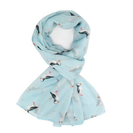 Puffins Print Scarf, Sky Blue