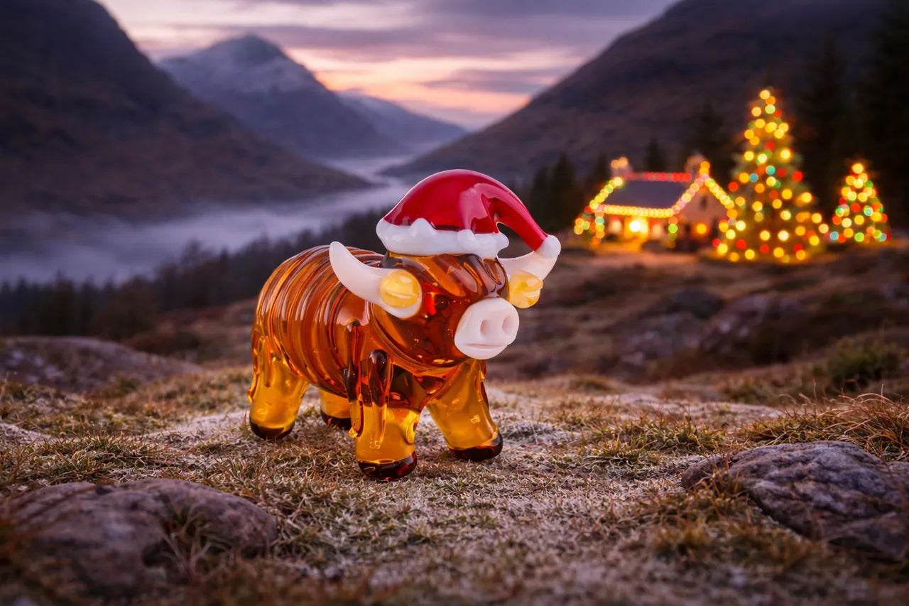 Glass Christmas Highland Cow Figurine