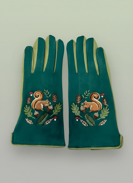 Secret Garden Squirrel Embroidered Touchscreen Gloves