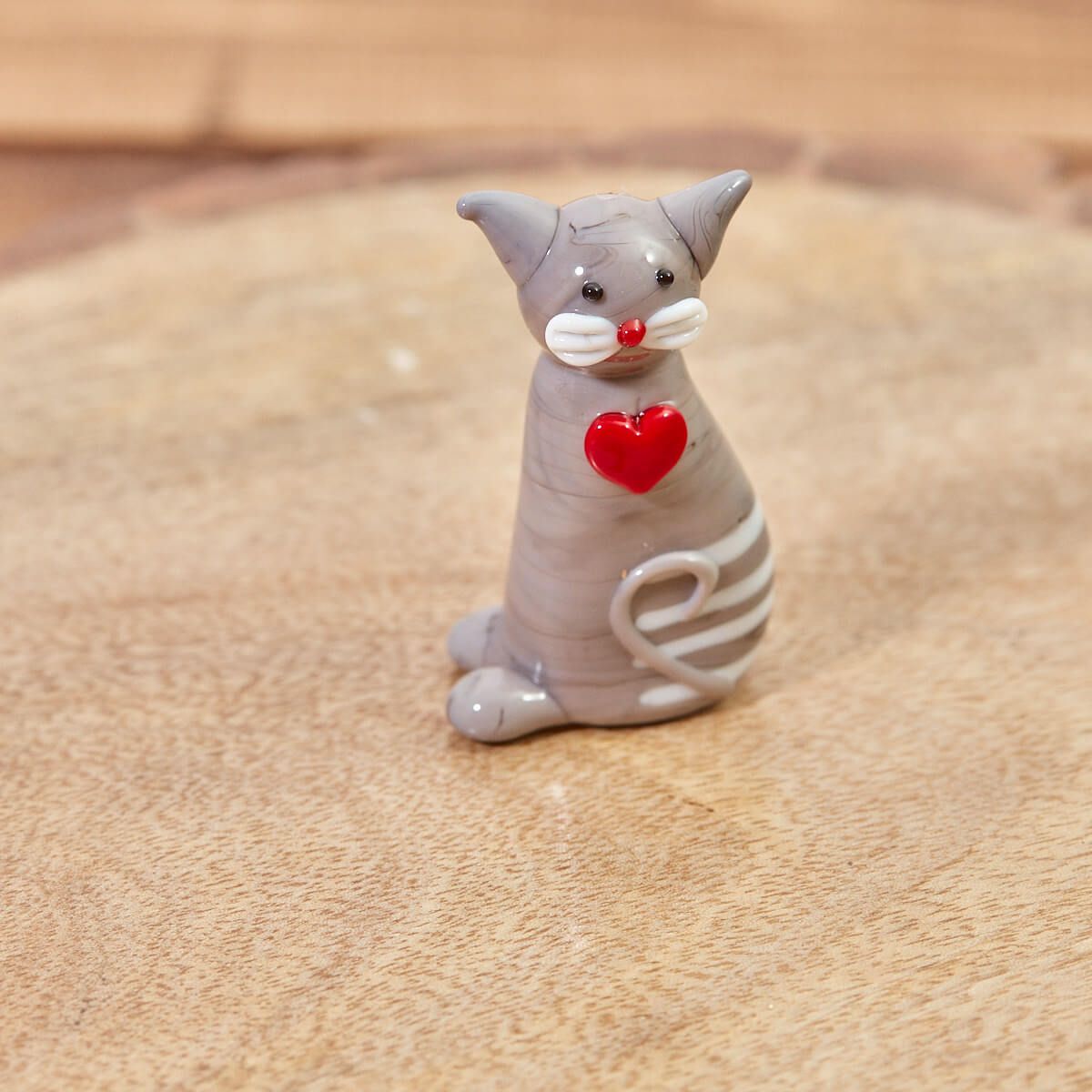 Glass Grey and White Cat with Red Heart