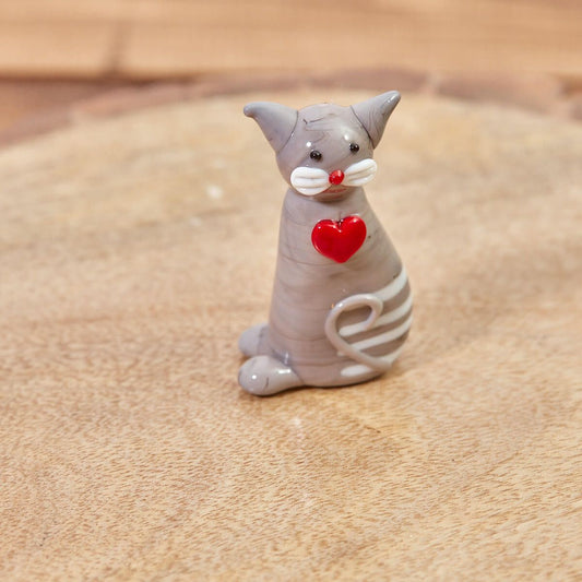 Glass Grey and White Cat with Red Heart