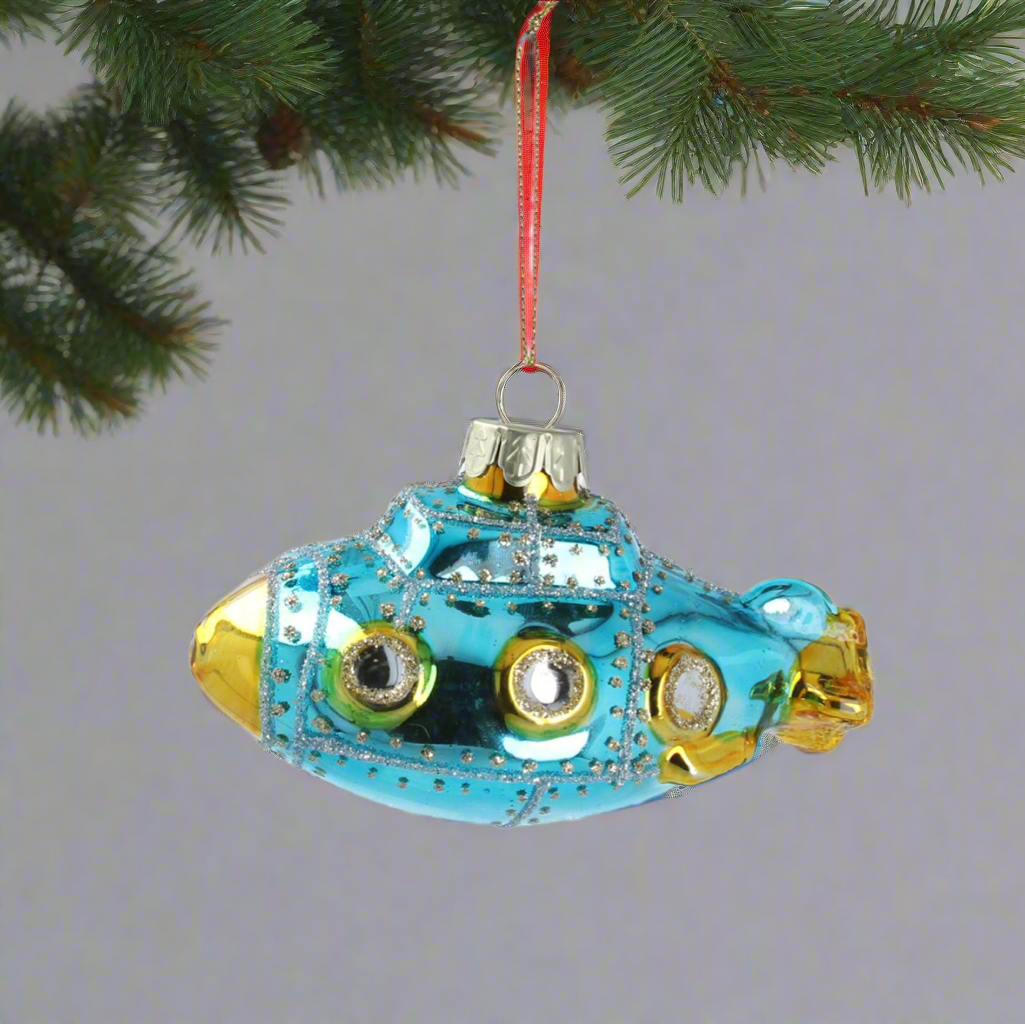 Blue/Gold Glass Submarine Christmas Decoration