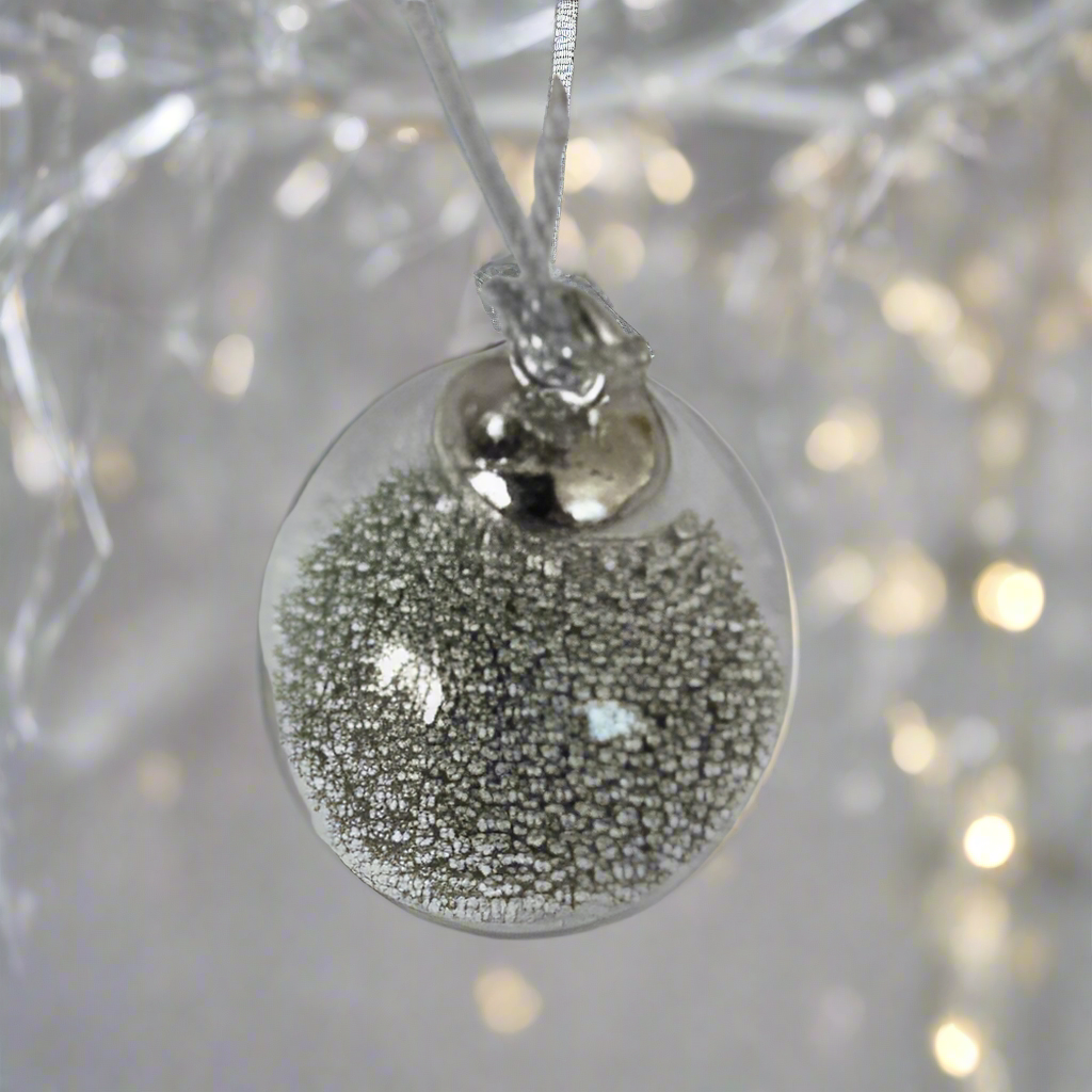 Clear Glass Hanging Ball Containing Silver Seed Beads