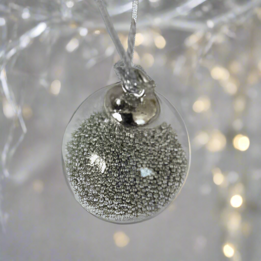 Clear Glass Hanging Ball Containing Silver Seed Beads